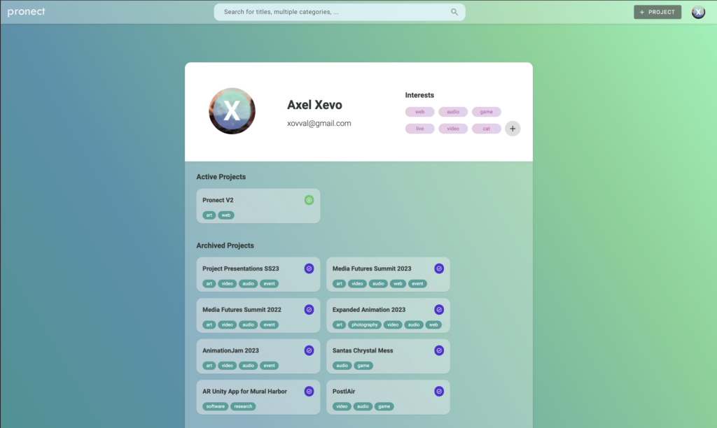 View of the profile page containing the profile picture, name, email, interest tags and projects of the user.