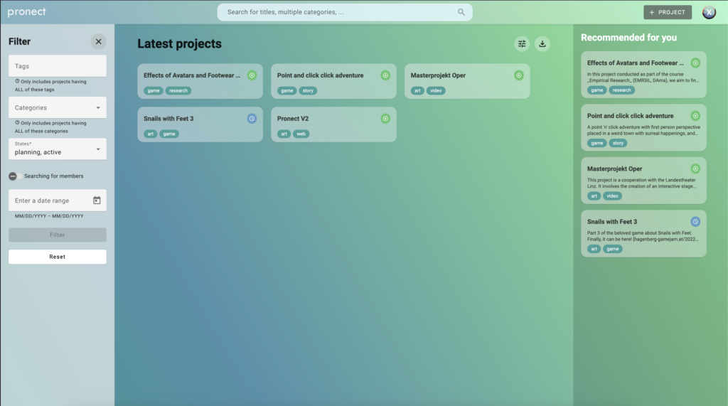 View of the Pronect home page containing the latest projects in the middle, a filter section on the left, the recommended projects on the right and a search bar on top of the page.