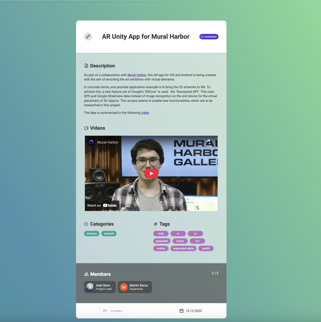 View of the project page containing project title, state (Planning, Active, Cancelled, Completed), Date, Description, Categories, Tags and Team Members as well as buttons to contact the project owner. There is also a section for videos!