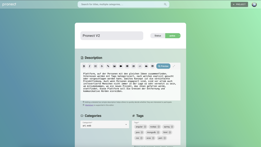A screenshot of the project creation form. A title input field, status input field, description input field with various styling options, category input field and tags input field can be seen.
