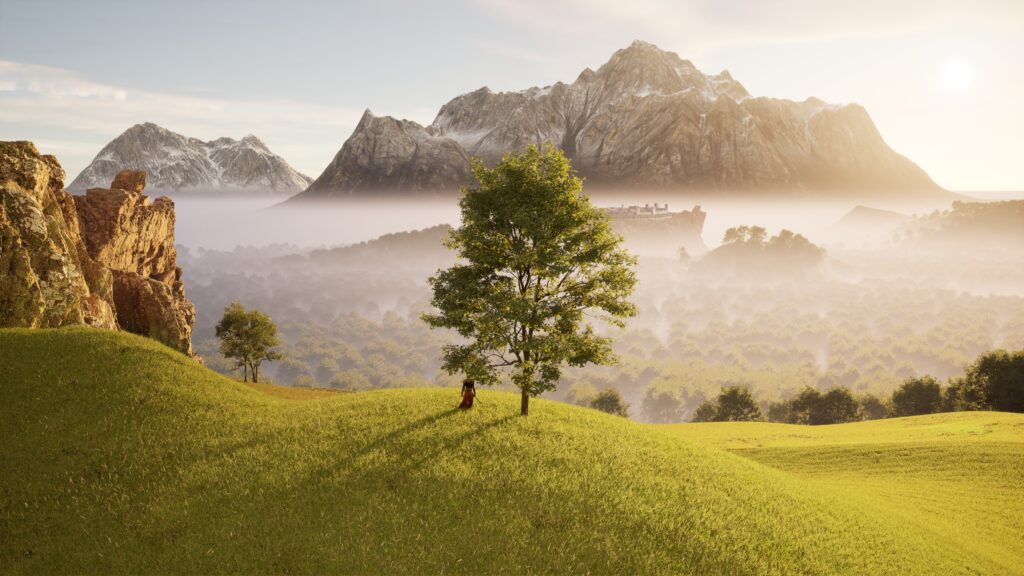 A fictional scene during sunset where a female samurai stands on top of a mountain with high grass and a tree next to her. She looks far into the distance where a high mountain can be seen while holding her sword in the right hand. In front of the mountain is a valley with several hills. On top of one hill in the center, a town can be seen in the fog.