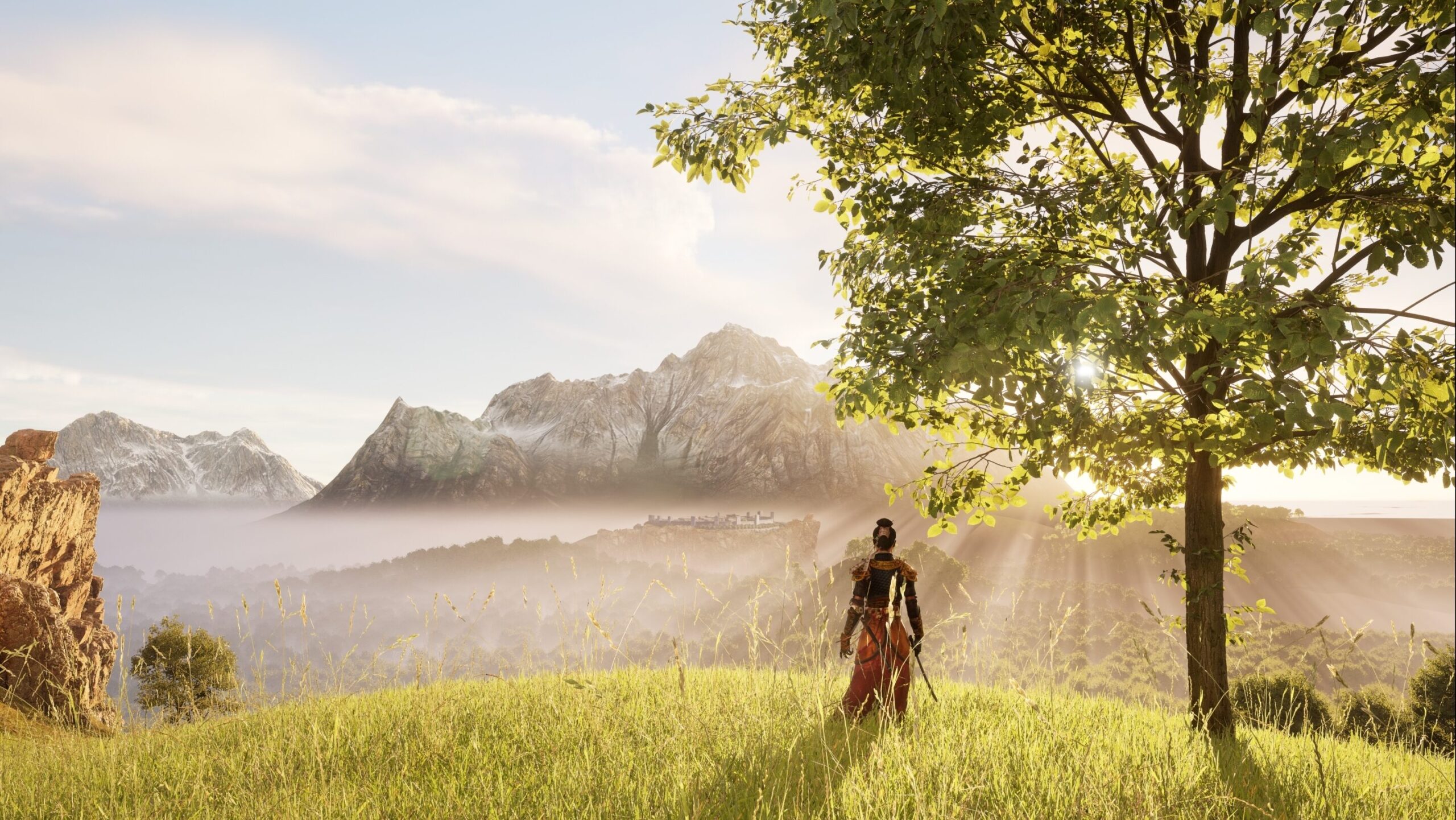 A fictional scene during sunset where a female samurai stands on top of a mountain with high grass and a tree next to her. She looks far into the distance where a high mountain can be seen while holding her sword in the right hand. In front of the mountain is a valley with several hills. On top of one hill in the center, a town can be seen in the fog.